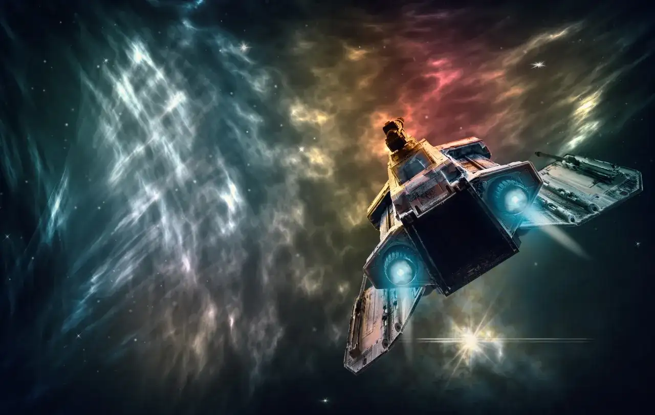 Statek kosmiczny w mgławicy. Obrazek dla początkujących fanów, wyjaśniający różnicę między hard sci-fi a space operą.