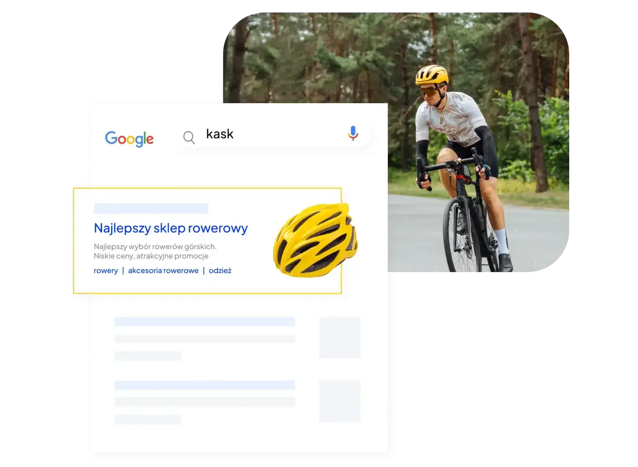 Szukasz kasku rowerowego? Ten shoper SEO pokazuje wyniki wyszukiwania Google z ofertą najlepszego sklepu rowerowego, rowerami i akcesoriami.