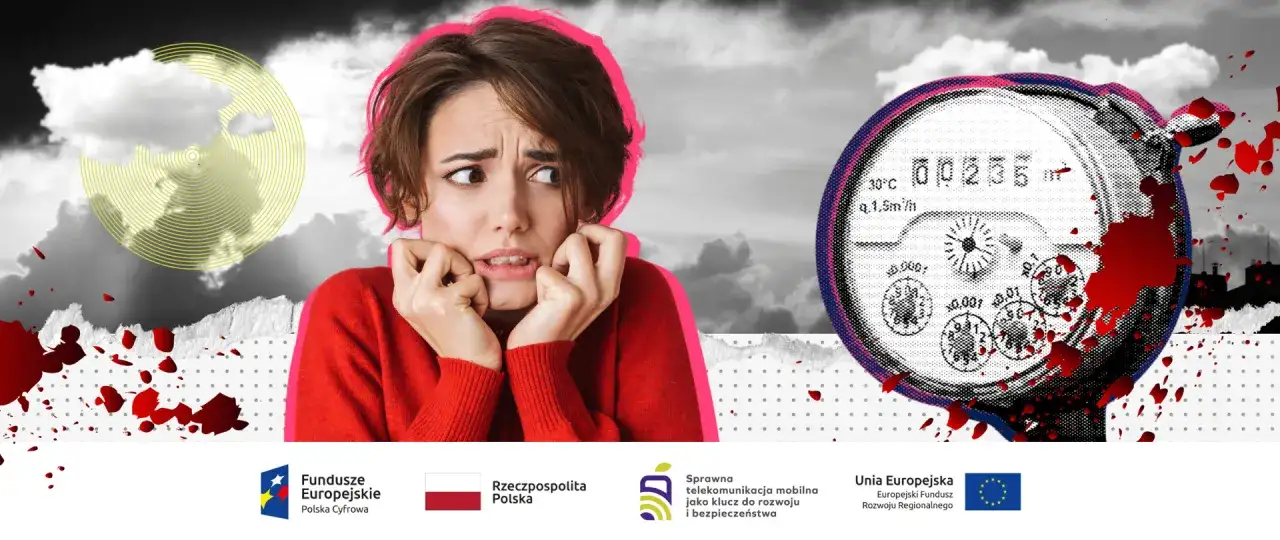 Przerażona kobieta obok wodomierza radiowego, sugerującego wady i problemy.