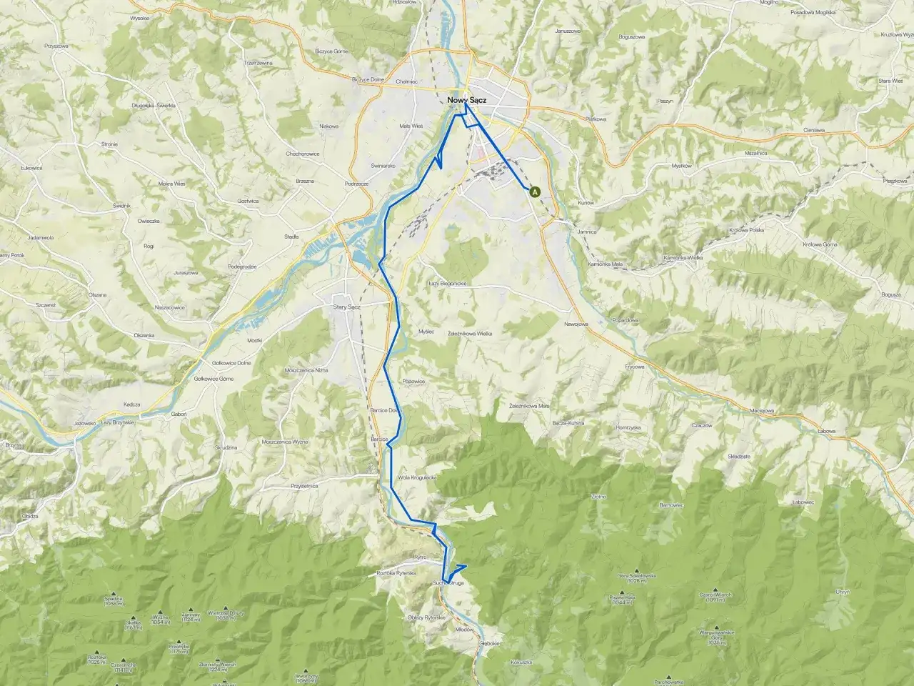 Mapa z zaznaczonymi trasami rowerowymi Nowy Sącz i okolicami, prowadzącymi przez malownicze tereny.