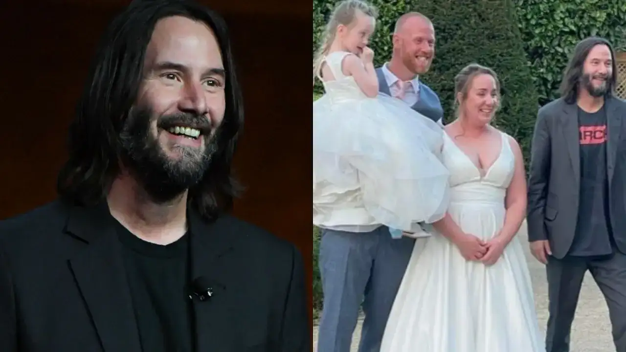 Keanu Reeves na ślubie, obok panny młodej i pana młodego z dzieckiem. Aktor wygląda na szczęśliwego, jakby poznał swoją przyszłą żonę.