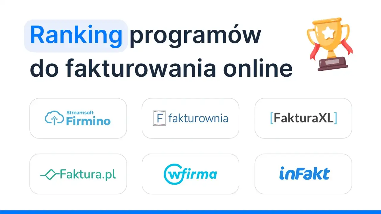 Ranking programów do fakturowania online z logotypami: Firmino, Fakturownia, FakturaXL, Faktura.pl, wFirma, inFakt.