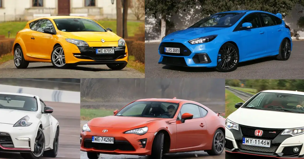 Kolaż pięciu **tanie sportowe auta**: żółty Renault Megane RS, niebieski Ford Focus RS, biały Nissan 370Z Nismo, pomarańczowy Toyota GT86 i biały Honda Civic Type R.