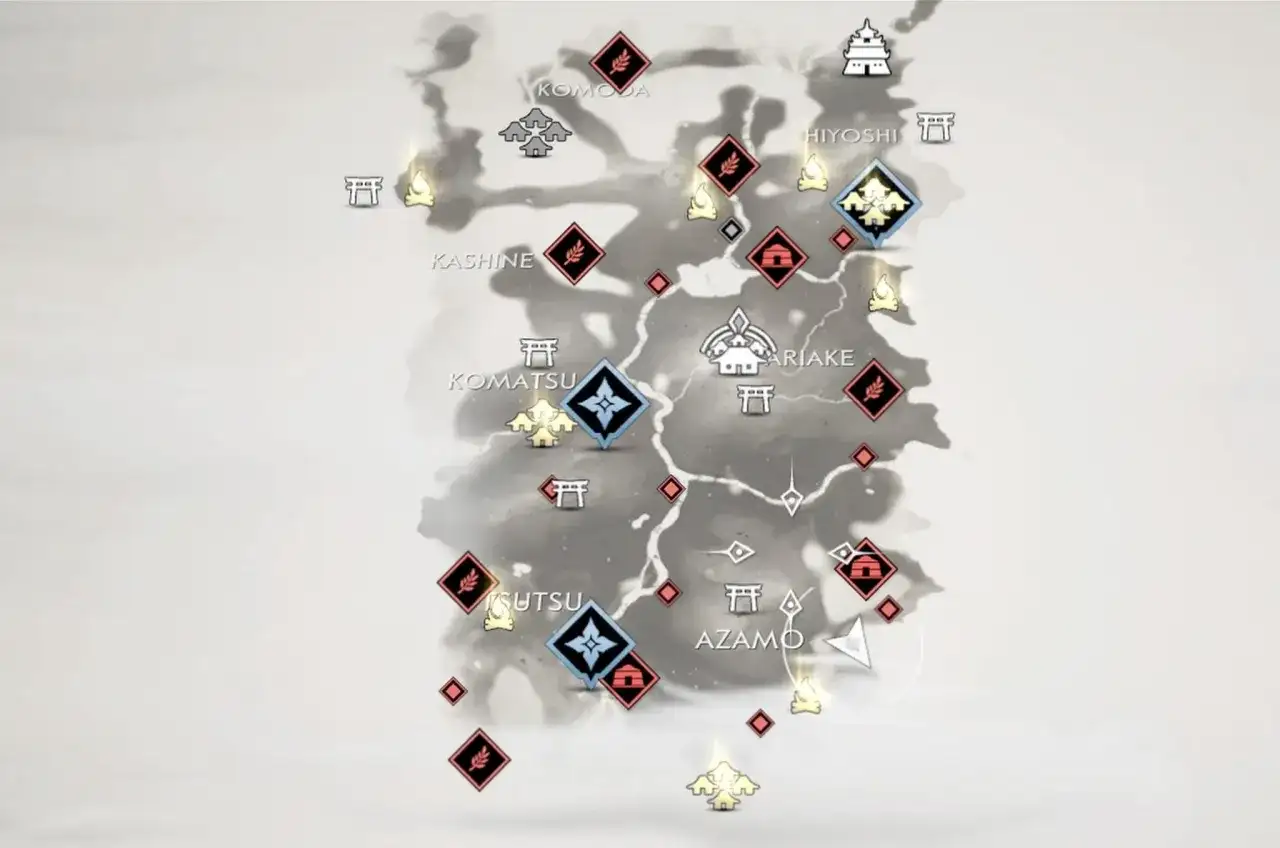 Mapa wyspy Tsushima z zaznaczonymi lokacjami, takimi jak Komoda, Kashine, Komatsu, Ariake, Hiyoshi i Azamo.