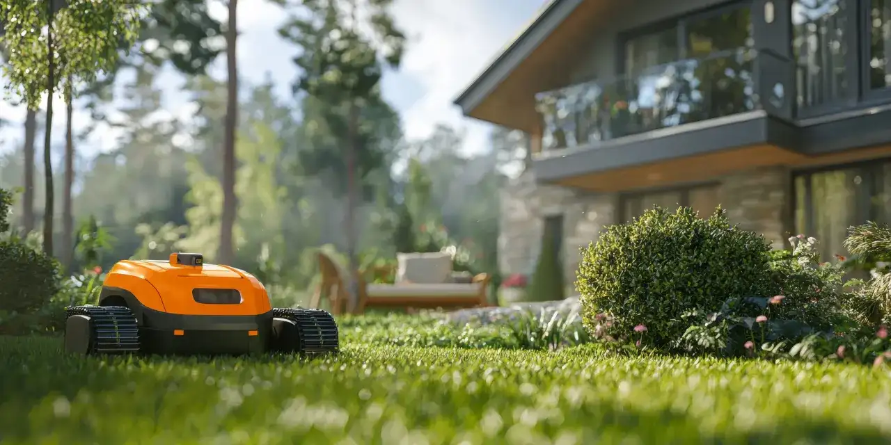Pomarańczowy robot koszący trawę pracuje w słoneczny dzień, dbając o idealny wygląd ogrodu przy nowoczesnym domu.