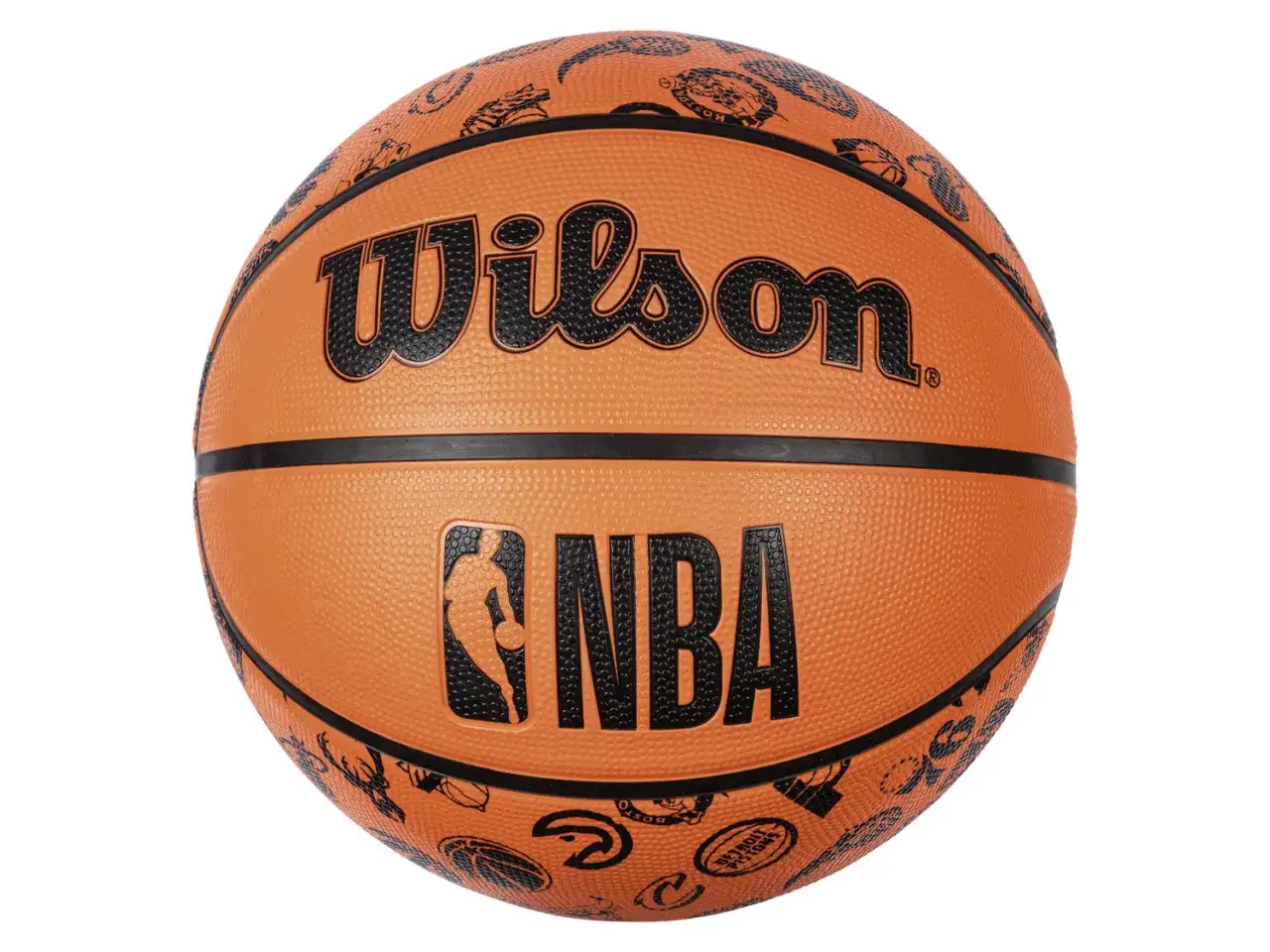 Pomarańczowa piłka do koszykówki Wilson z logo NBA i grafikami drużyn.