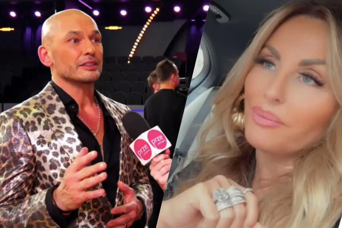 Tomasz z żoną, w panterkowej marynarce, udziela wywiadu. Obok jego żona, z biżuterią.