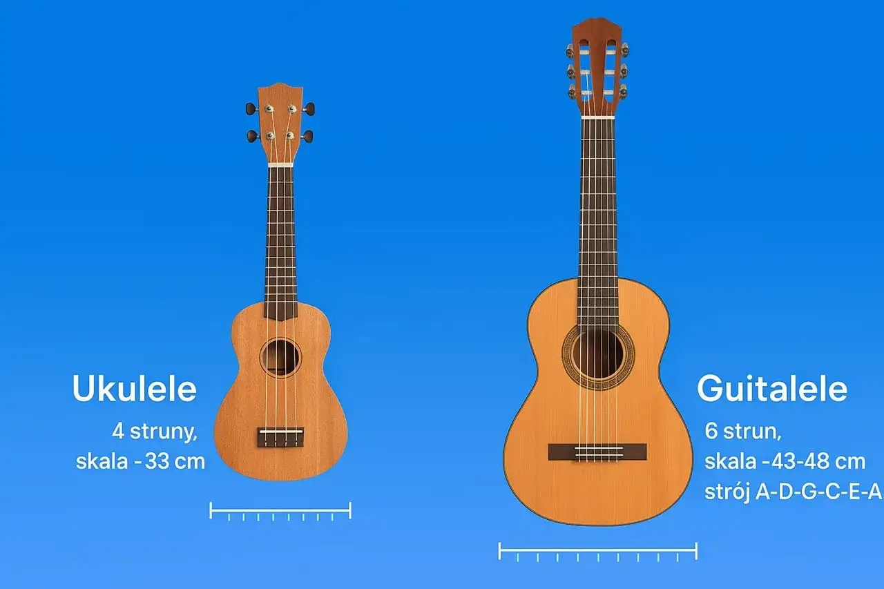 Ukulele i guitalele – mała gitara jak się nazywa? Porównanie instrumentów: ukulele 4 struny, guitalele 6 strun.
