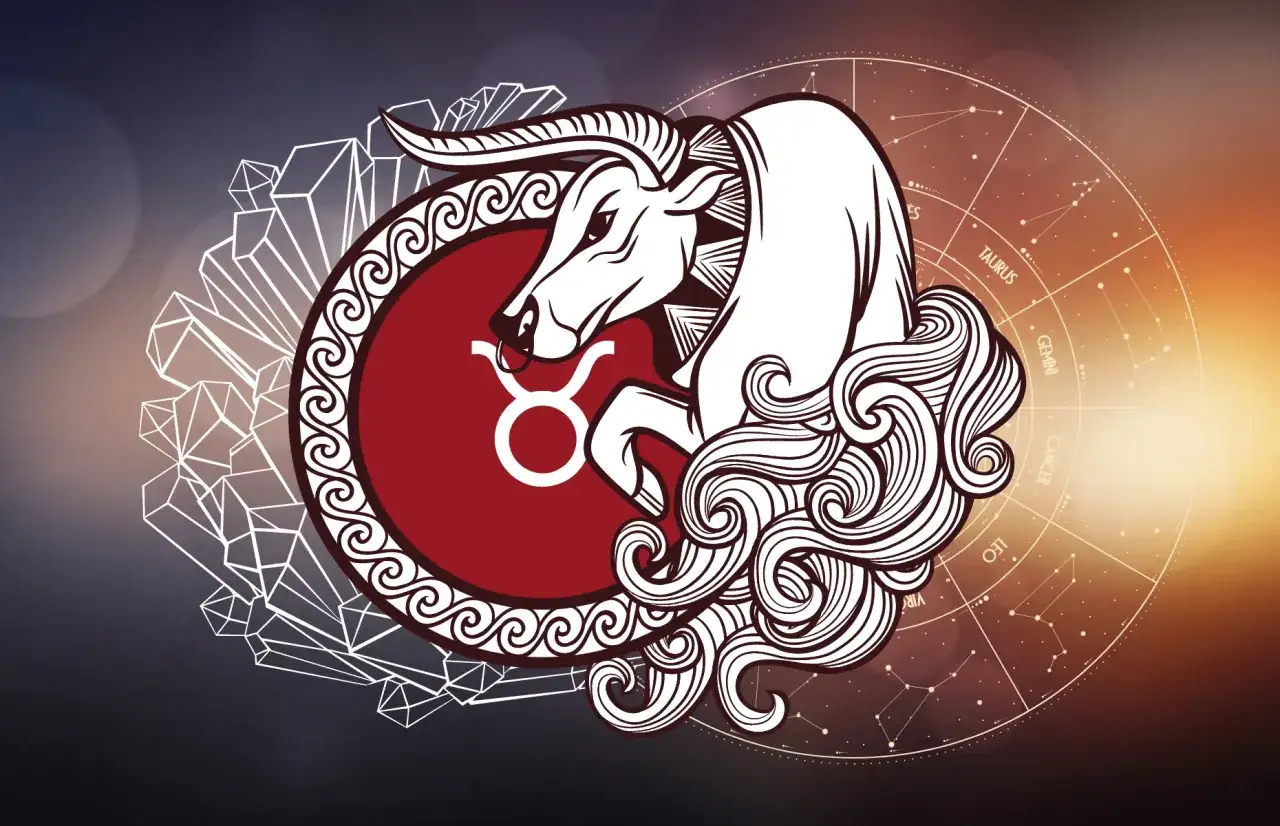 Symbol byka znaku zodiaku, otoczony kryształami i kołem zodiaku.