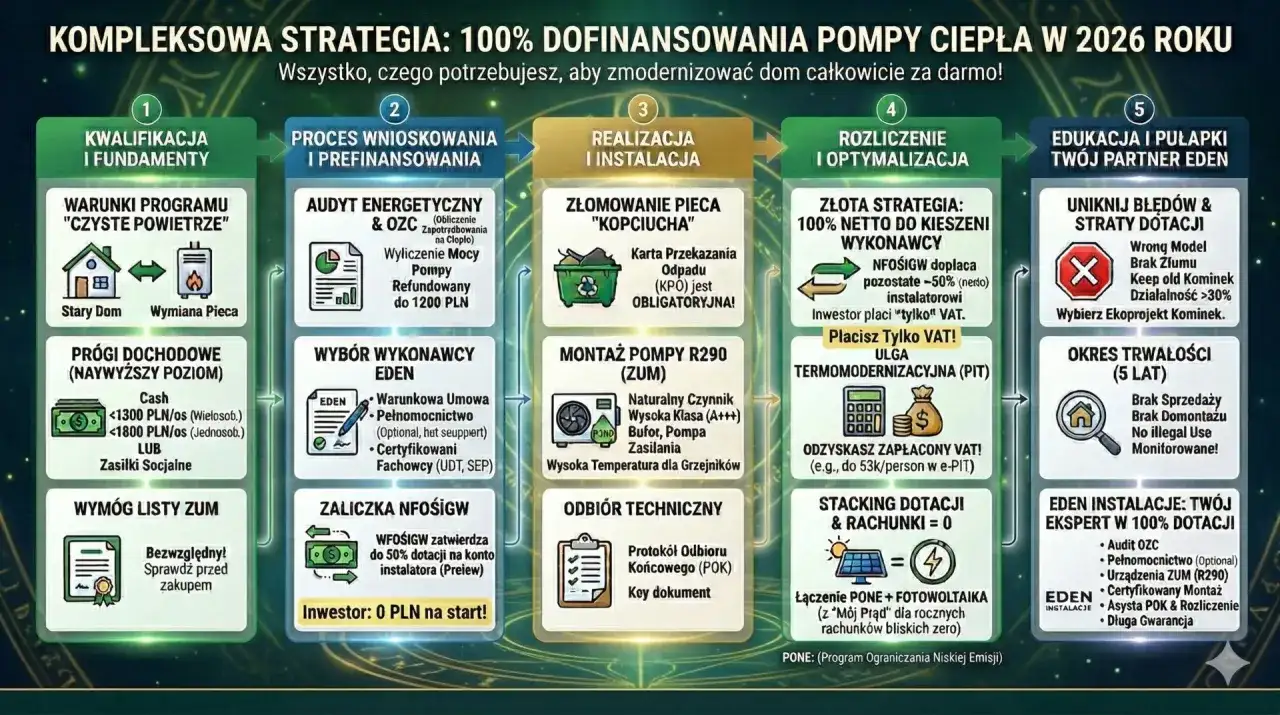 Kompleksowa strategia 100% dofinansowania pompy ciepła. Proces krok po kroku: od kwalifikacji, przez wniosek, montaż, rozliczenie, aż po uniknięcie pułapek.