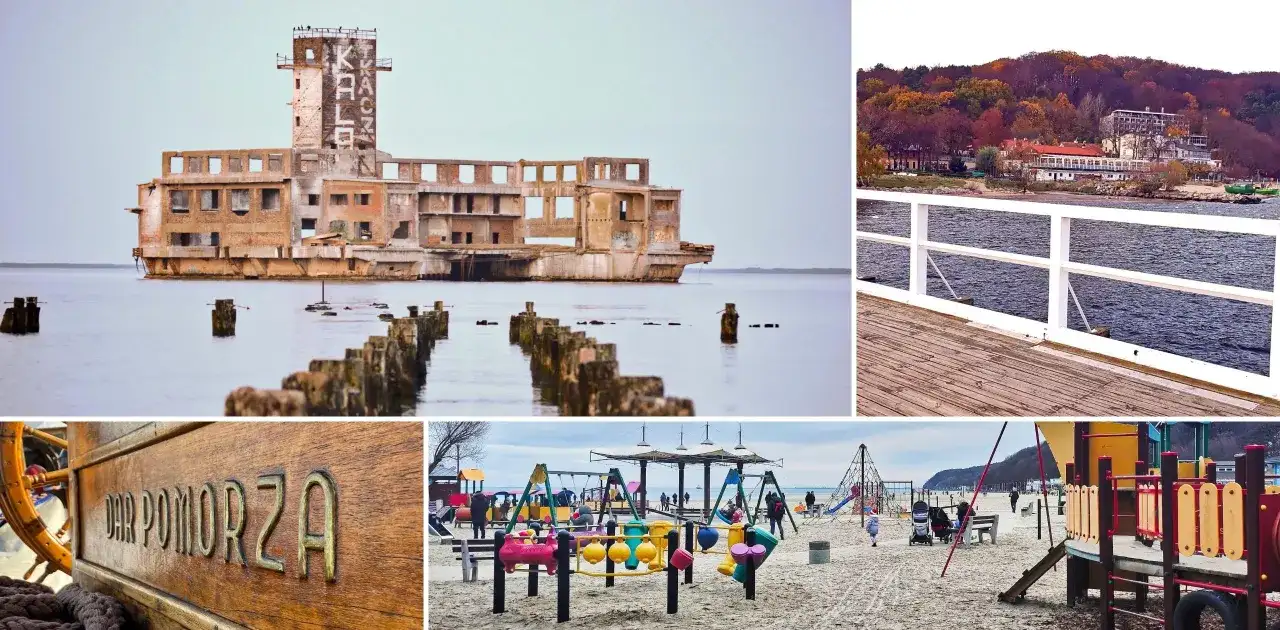 Gdynia co zobaczyć: ruiny fortu, molo, plac zabaw na plaży i napis "Dar Pomorza".
