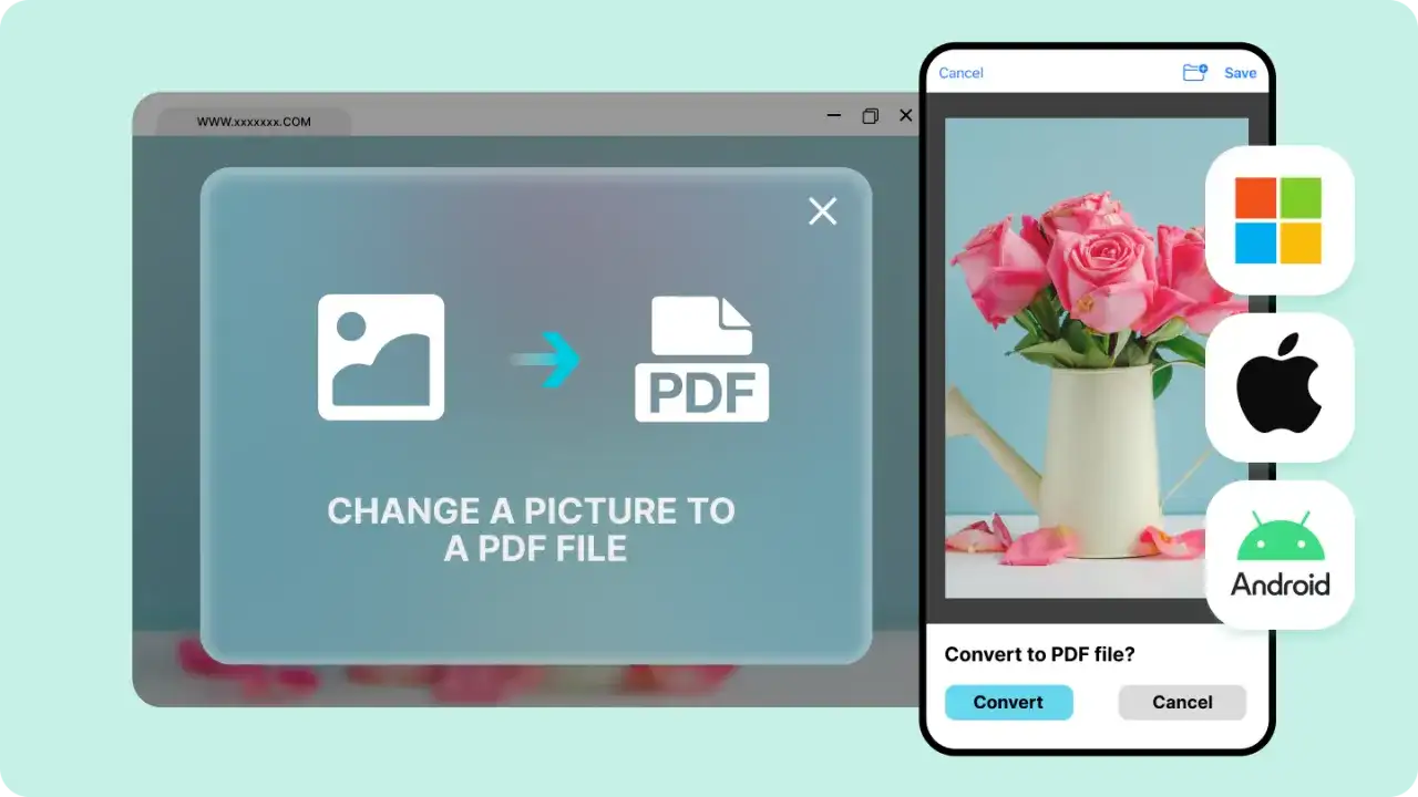 Jak zrobić PDF ze zdjęć? Ilustracja pokazuje proces konwersji obrazu do pliku PDF na ekranie komputera i telefonu.