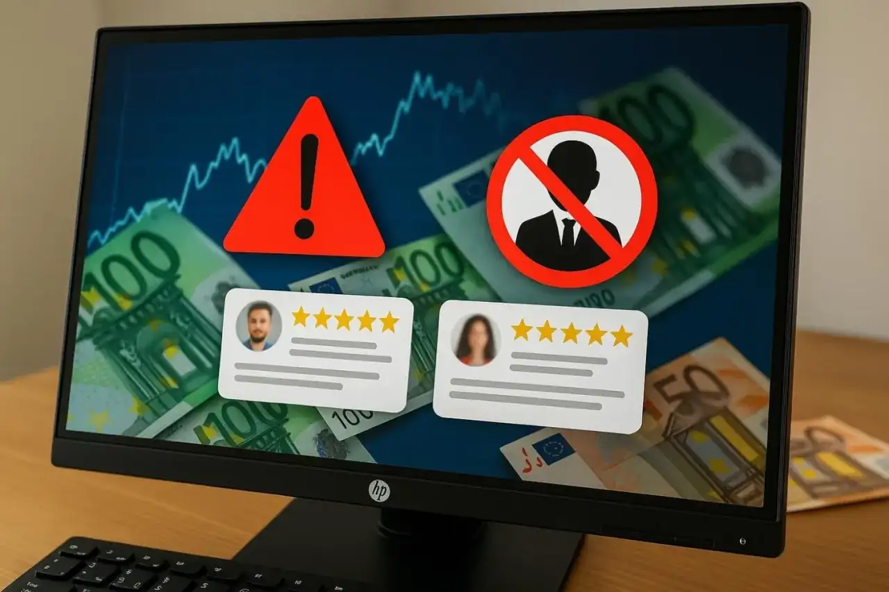 Avertissement sur un écran d'ordinateur : graphiques, billets en euros, icône d'interdiction et avis clients. Cela pourrait illustrer une liste noire des sites de vente en ligne.