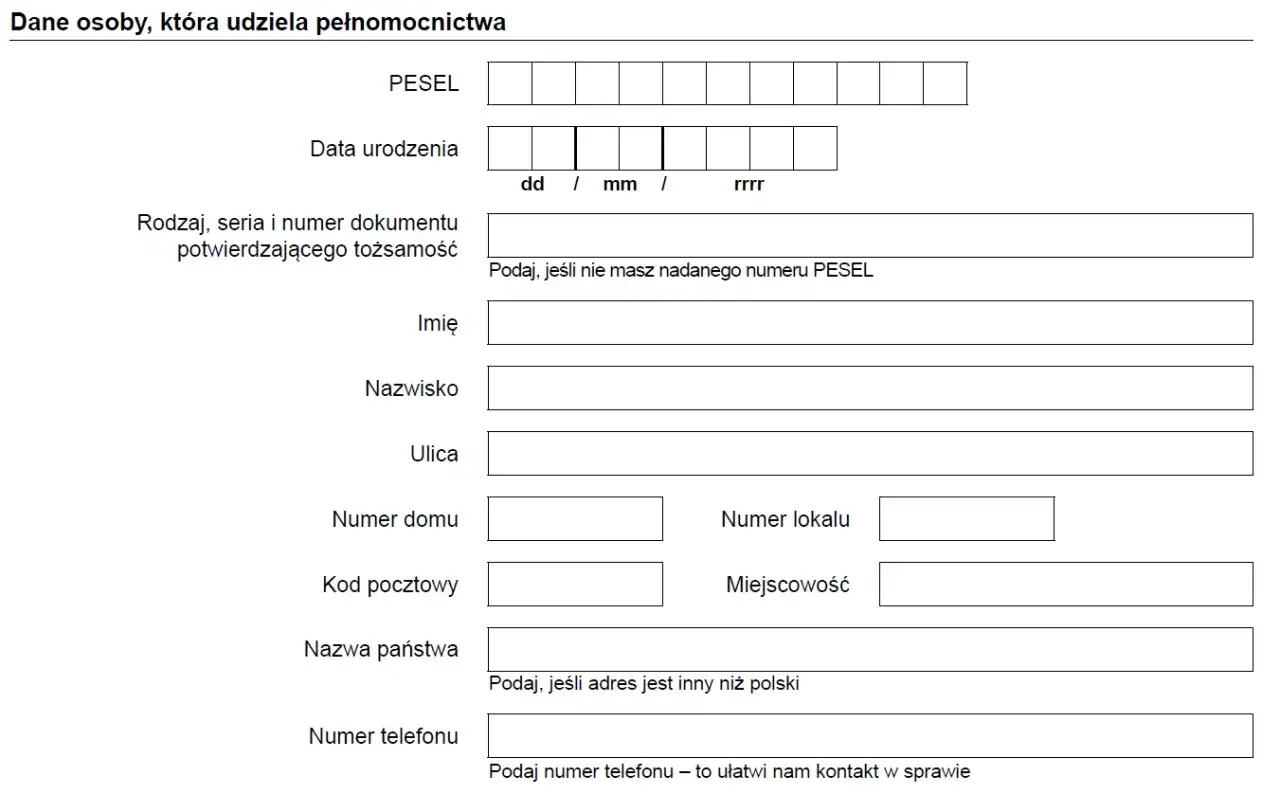 Formularz danych osoby udzielającej pełnomocnictwa, z polami do wpisania PESEL, daty urodzenia, danych adresowych i kontaktu. Przykład wypełnienia druku ZUS.