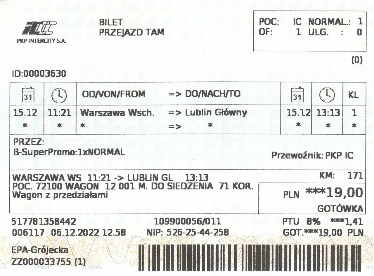 Bilet PKP Intercity: seria 517781358442, numer 006117. Podróż z Warszawy Wsch. do Lublina Głównego.