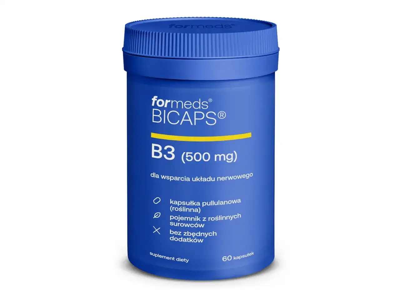 Niebieski suplement diety Formeds BICAPS B3 (500 mg) wspiera układ nerwowy. Witamina PP w kapsułkach pullulanowych, bez zbędnych dodatków.