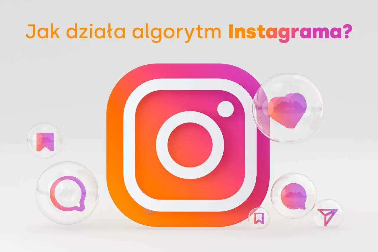 Ikona Instagrama i bańki z symbolami serca, wiadomości i udostępniania. Jak działa algorytm Instagrama?