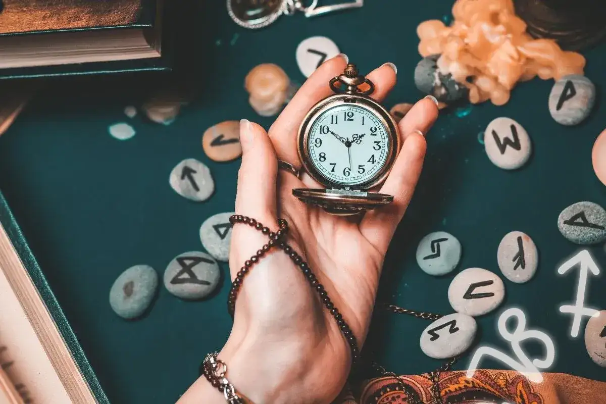 Dłoń trzyma kieszonkowy zegarek, wokół kamienie z runami i symbole astrologiczne. Czas ma wielkie **znaczenie** w 1919 roku, gdy świat się zmienia.