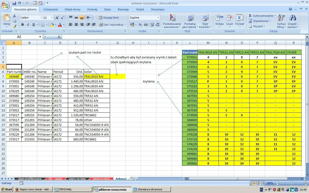 Arkusz Excel z danymi, gdzie szukamy part number i kolor. Widać fragmenty tabeli z danymi i kryteriami, sugerujące użycie funkcji INDEX MATCH.