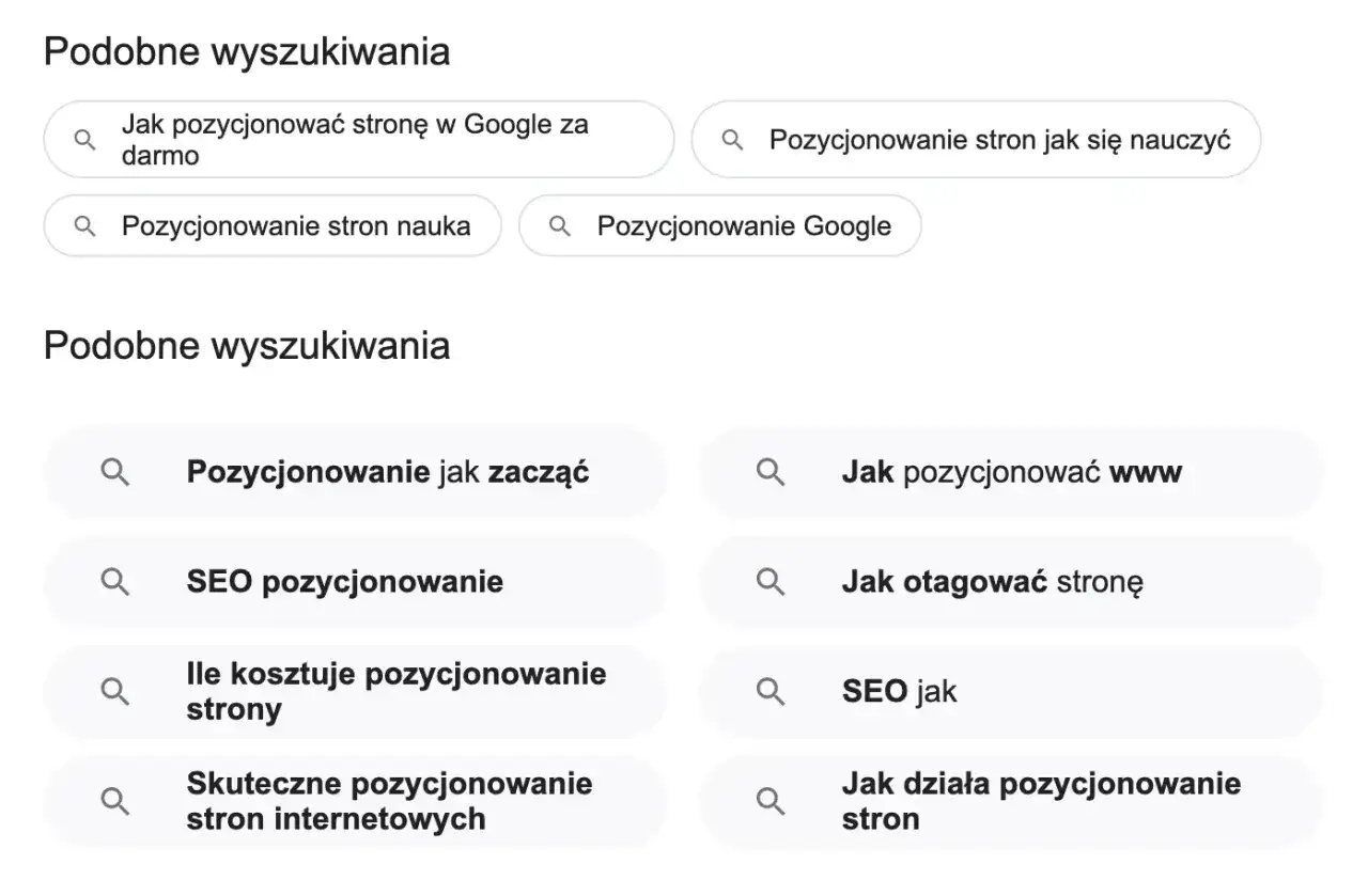 Podobne wyszukiwania dotyczące pozycjonowania stron w Google, SEO i nauki pozycjonowania.