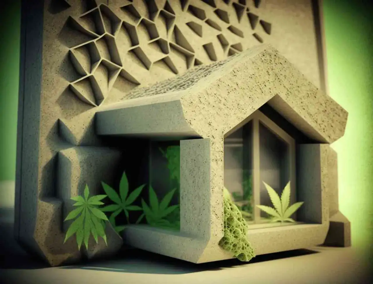 Nowoczesna architektura z beton konopny, z geometrycznymi wzorami i liśćmi konopi w oknach.