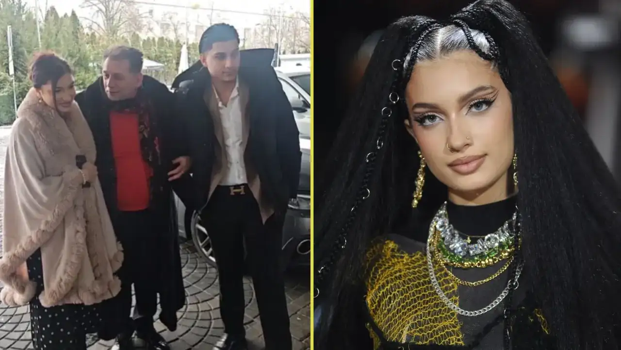 Viki Gabor z rodziną. Mężczyzna w białej koszuli i czarnej kurtce, obok niego kobieta w beżowym płaszczu.