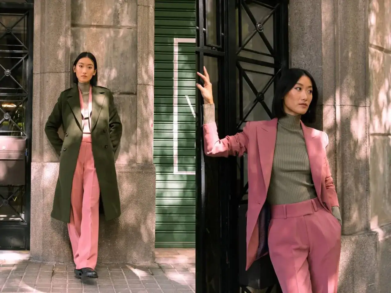 Dos mujeres posan en la calle. Una lleva un abrigo verde y pantalones rosas. La otra, un traje rosa y jersey verde. El verde y negro combinan con el entorno urbano.