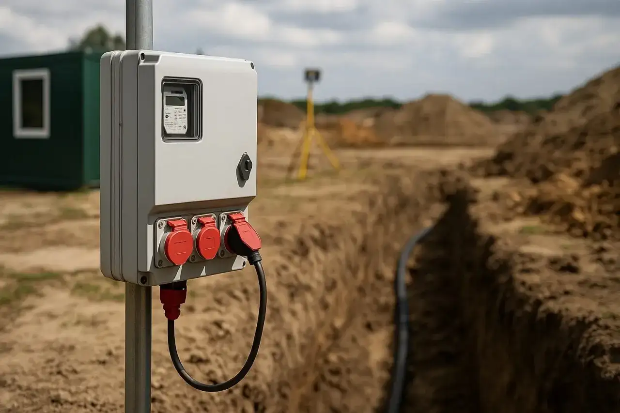 Skrzynka z gniazdami elektrycznymi na budowie, obok wykopu z kablem.