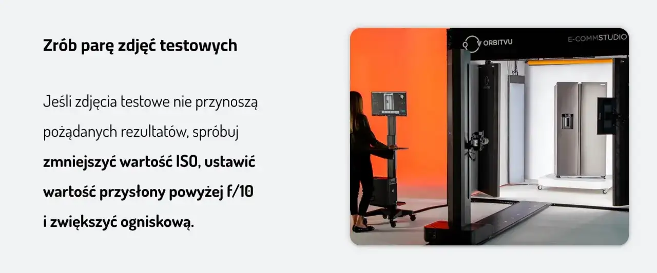 Profesjonalna fotografia produktowa: ustawienia aparatu do testów. Zmniejsz ISO, ustaw przysłonę f/10 i zwiększ ogniskową dla lepszych rezultatów.