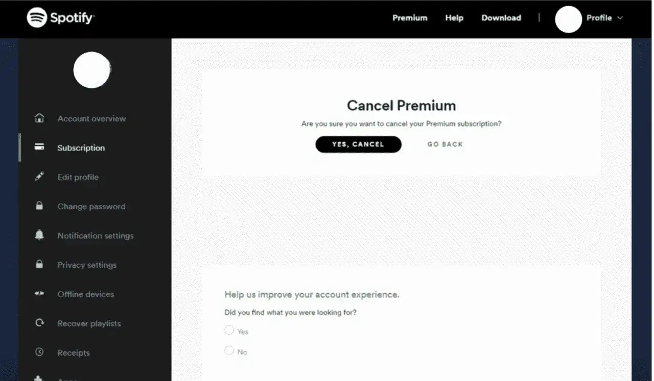 Potwierdzenie rezygnacji z Spotify Premium. Kliknij "YES, CANCEL", aby zakończyć subskrypcję.