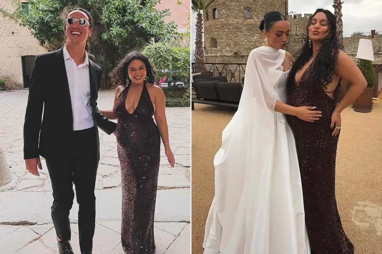 Vanessa Hudgens w błyszczącej sukni i jej partner, a także z inną kobietą w białej sukni.