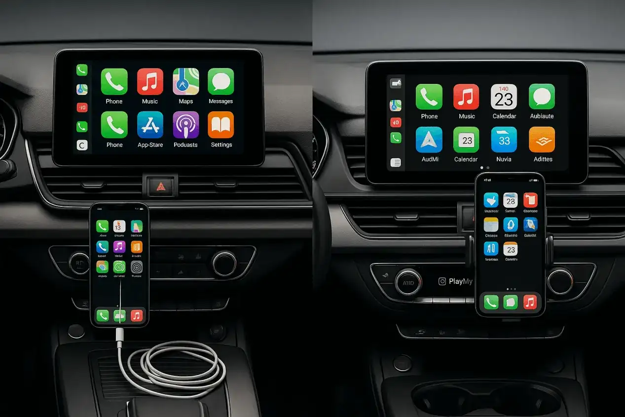 Jak połączyć telefon z samochodem? Widok deski rozdzielczej z ekranem Apple CarPlay i podłączonym iPhonem.