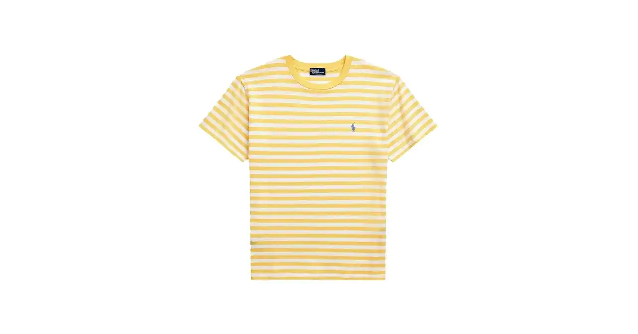 Gestreiftes gelb-weißes Ralph Lauren T-Shirt mit kleinem blauem Logo.