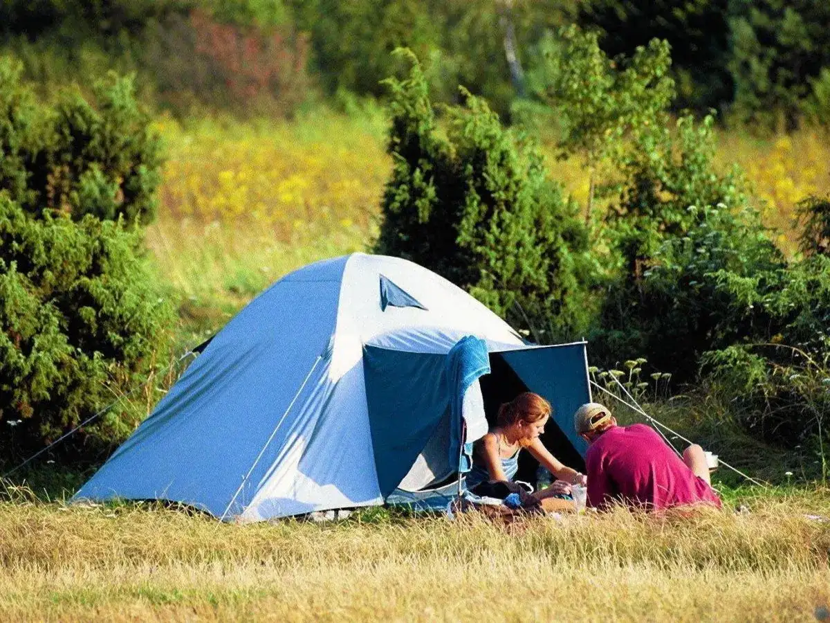 Para spędza czas w namiocie, idealne miejsce na biwak. Otoczeni zielenią i polnymi kwiatami, cieszą się spokojem natury.