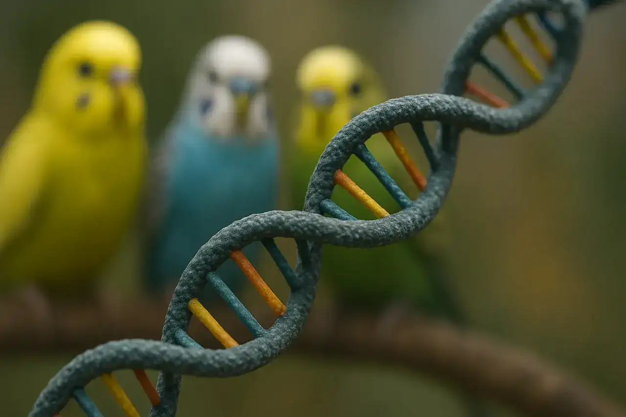 Kolorowe papużki faliste, różne gatunki papug, na tle modelu DNA.