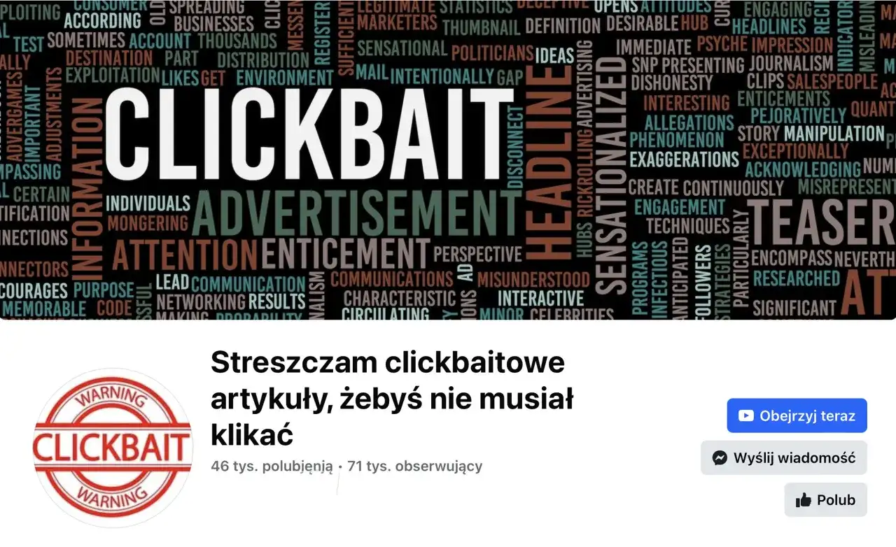 Słowa kluczowe jak "clickbait przykłady" otaczają wielkie napisy "CLICKBAIT" i "ADVERTISEMENT". Streszczenie clickbaitowych artykułów, by nie musieć klikać.