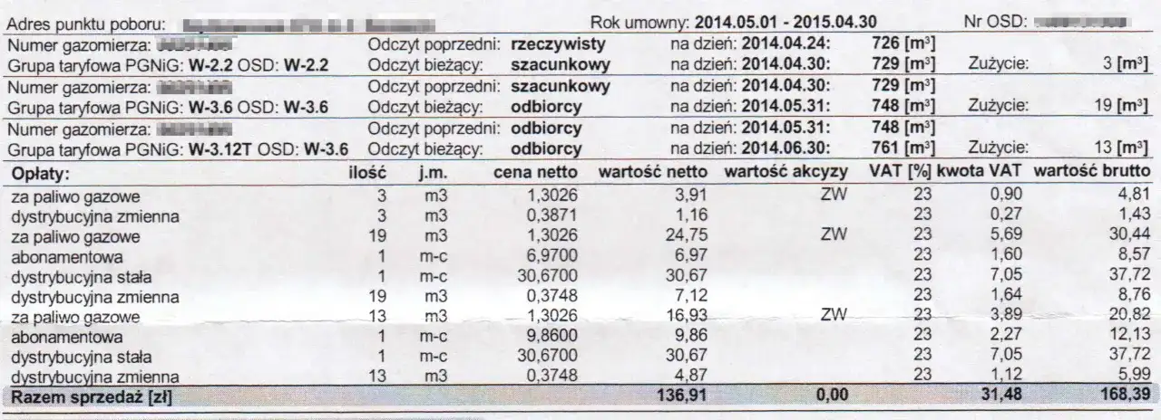 Rachunek za gaz z danymi o zużyciu, taryfach i opłatach. Pokazuje, jak obliczyć zużycie gazu na podstawie odczytów gazomierza.
