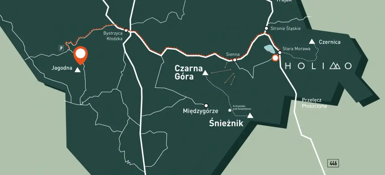 Mapa szlaków turystycznych. Zaznaczona trasa prowadzi przez Bystrzycę Kłodzką, Czarną Górę i Śnieżnik. Punktem docelowym jest Jagodna.