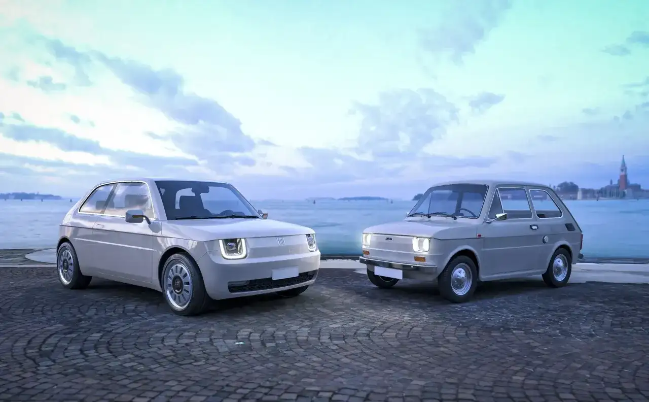 Nowy Fiat 126p obok swojego klasycznego poprzednika, na tle wodnego miasta.