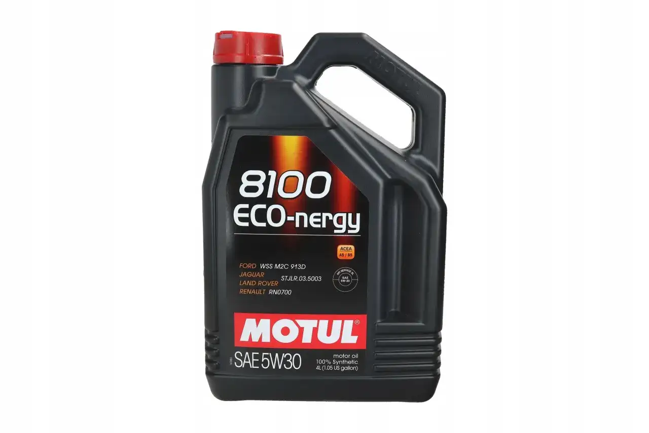Czarna bańka oleju silnikowego Motul 8100 ECO-nergy SAE 5W30 z czerwonym korkiem.