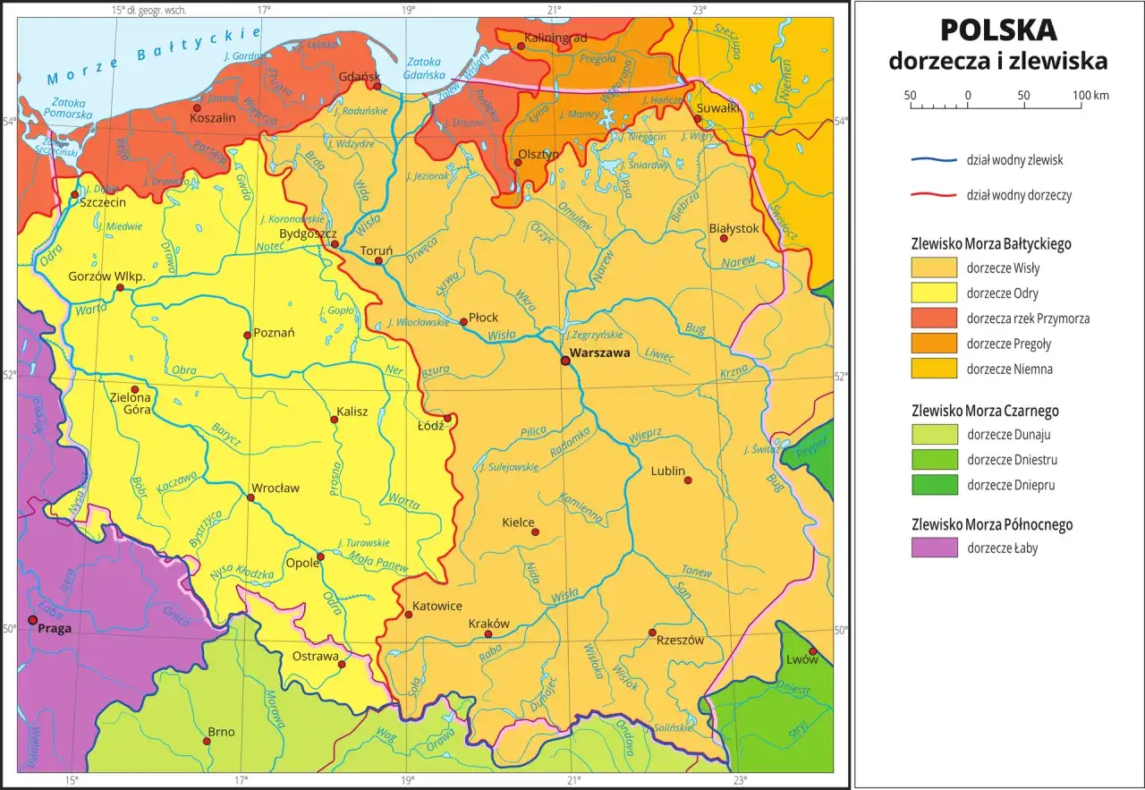 Mapa pokazuje, gdzie znajduje się Polska, jej główne rzeki i zlewiska Morza Bałtyckiego, Czarnego i Północnego.