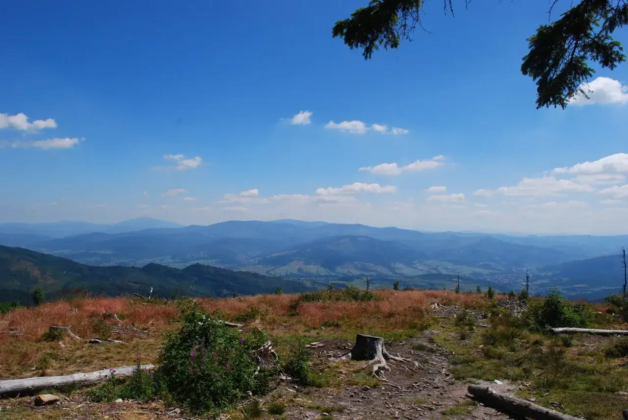 Widok na pasmo górskie Beskidów, gdzie widać liczne wzgórza i doliny. Jakie są szczyty w Beskidach? Ten krajobraz zapiera dech w piersiach.