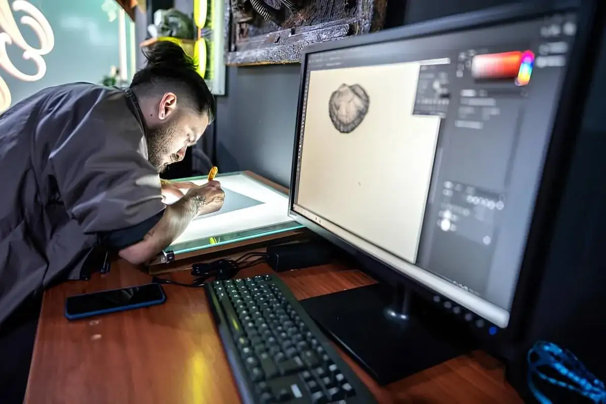 Artysta pracuje przy podświetlanym stole, a na monitorze widać program graficzny. Może szukać informacji, jak zmienić język w Photoshopie.