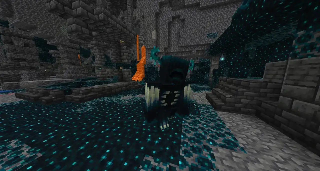 Potężny minecraft warden stoi w mrocznej, kamiennej jaskini, otoczony świecącymi, turkusowymi blokami i płonącą lawą.