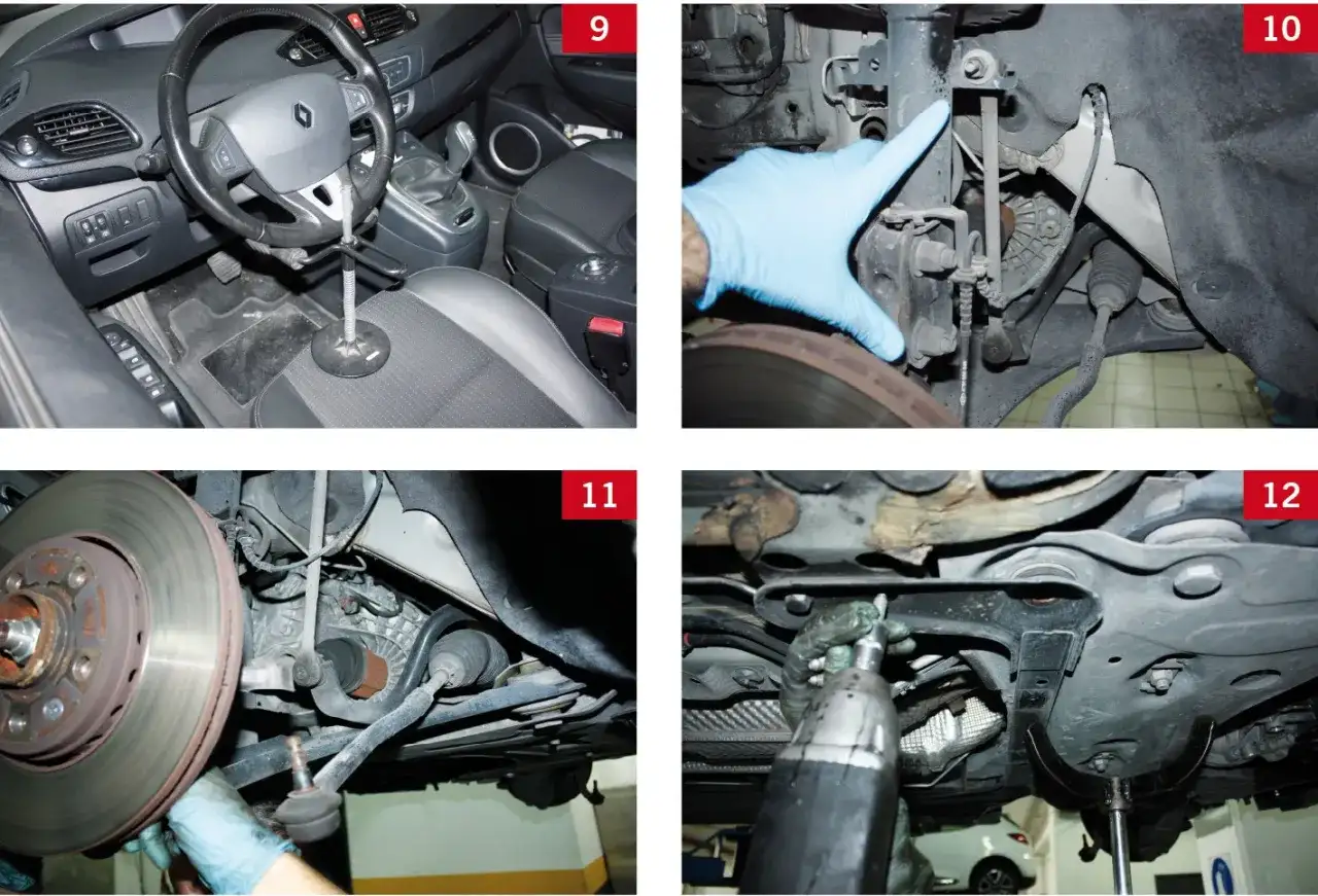Wnętrze Renault Scenic, ręka w rękawiczce wskazująca amortyzator, hamulec i skrzynia biegów, klucz pneumatyczny.
