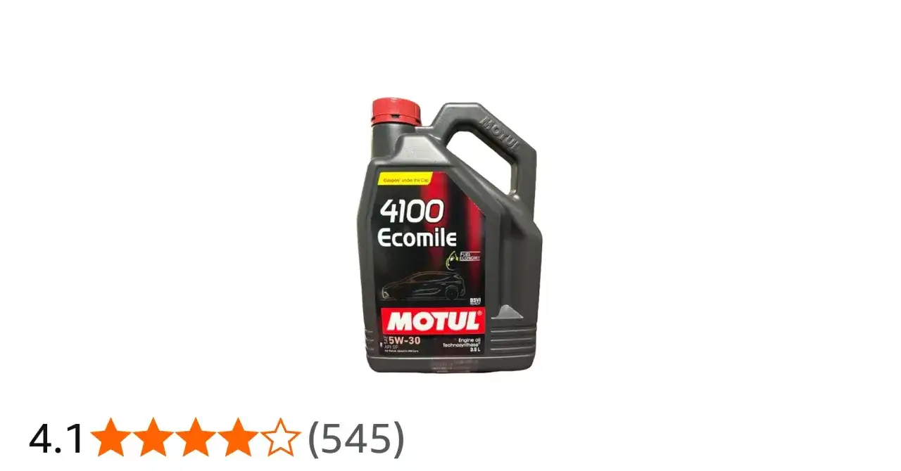 Czarna bańka oleju silnikowego Motul 4100 Ecomile 5W-30 3.5L z czerwonym korkiem.
