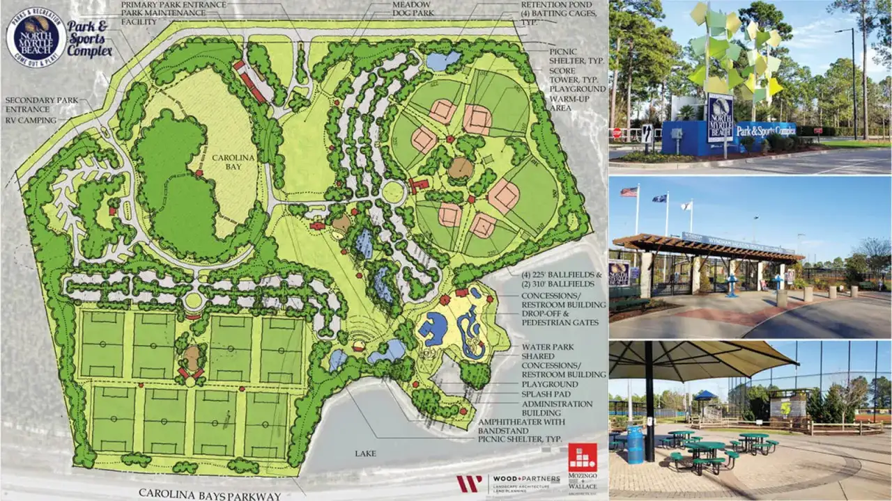 Plan kompleksu sportowego z boiskami, placem zabaw i parkiem wodnym.