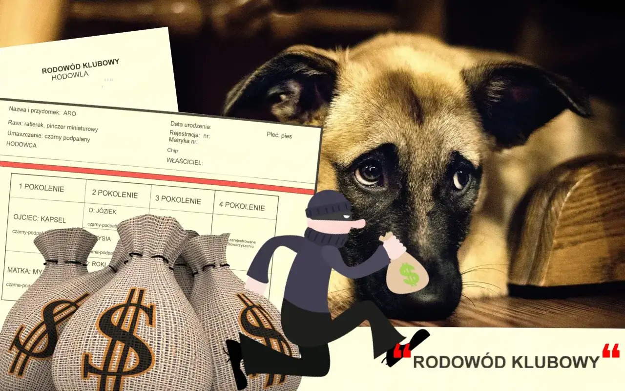 Szczeniak obok dokumentu rodowodu, worków z pieniędzmi i złodzieja.