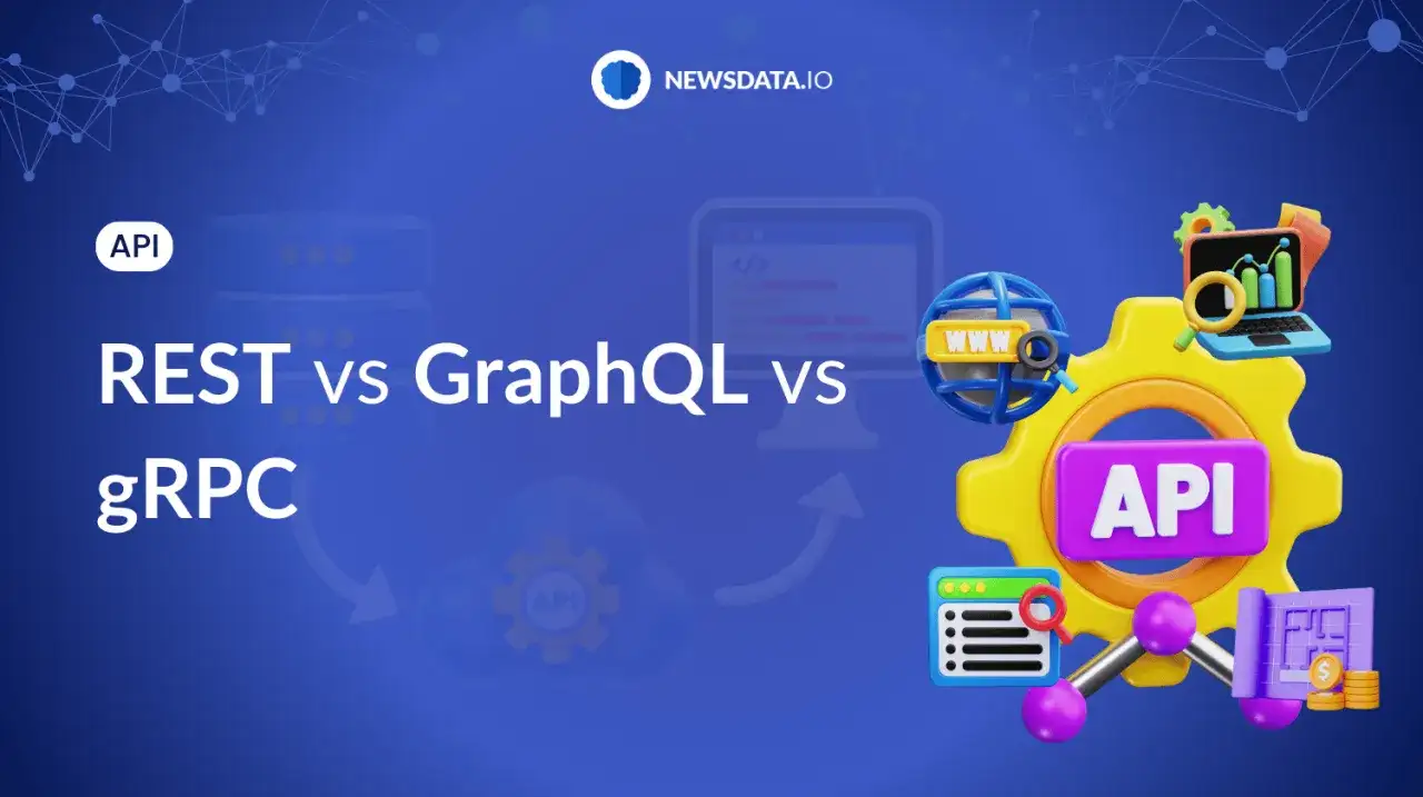 Porównanie różnych rodzajów API: REST, GraphQL i gRPC. Grafika przedstawia ikony symbolizujące technologie i dane.
