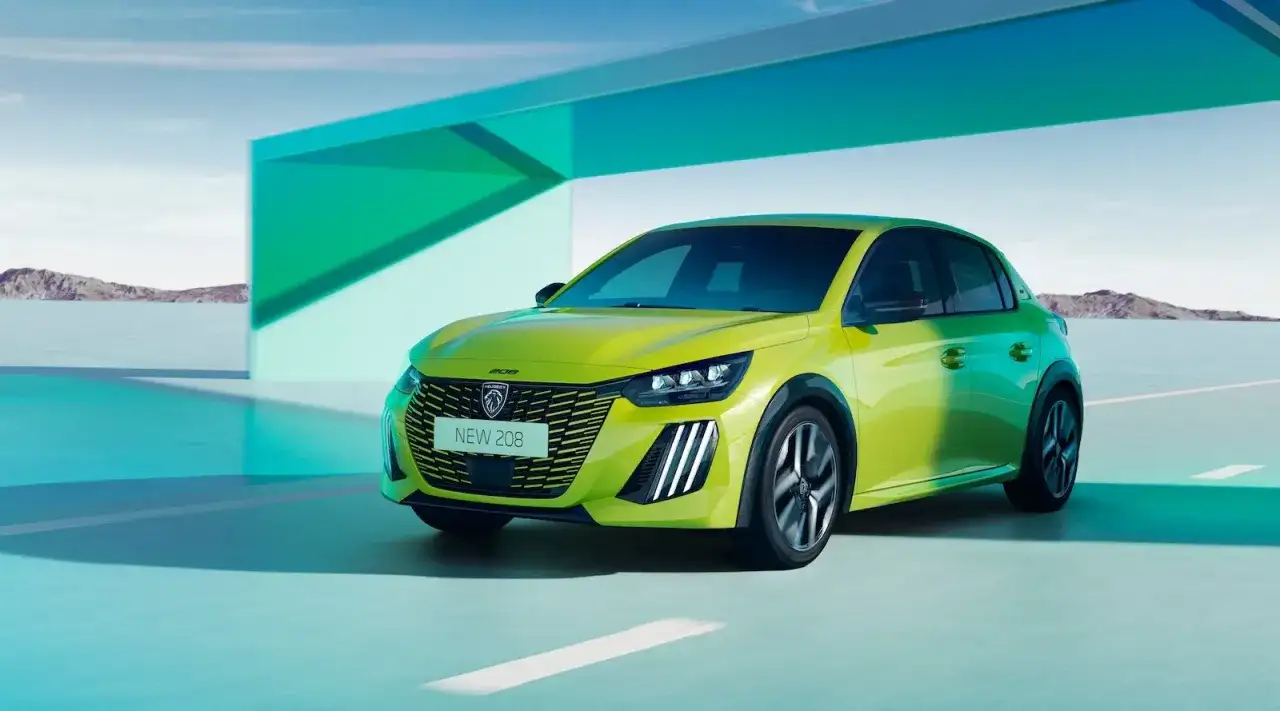 Nowy Peugeot 208 w jaskrawym kolorze, idealny dla szukających najtańszych nowych aut. Nowoczesny design i dynamiczna sylwetka.